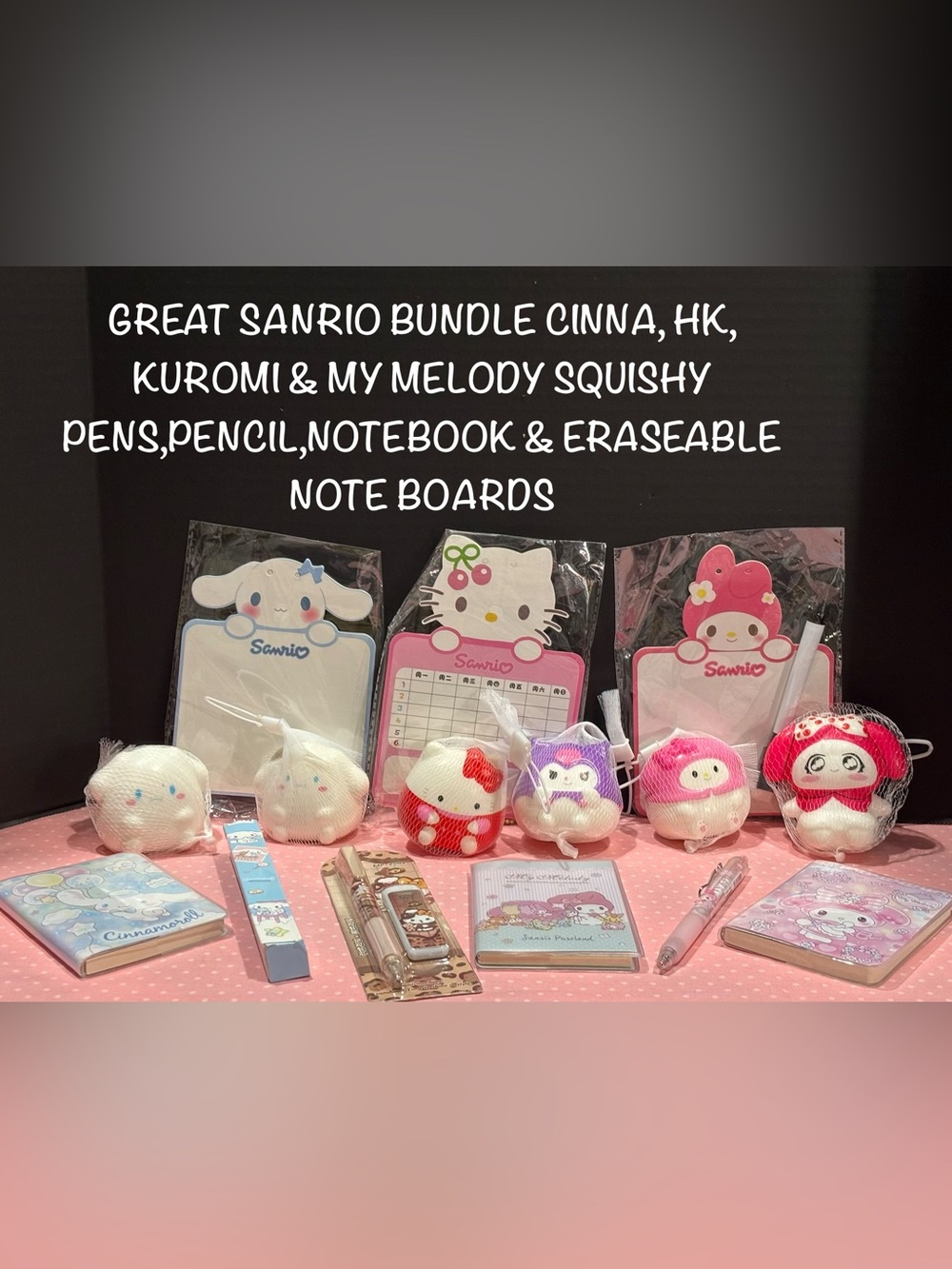 SANRIO BUNDLE CHARACTERS SQUISHY PENS PENCIL NOTE BOOKS & ERASABLE BOARDS 15 PC